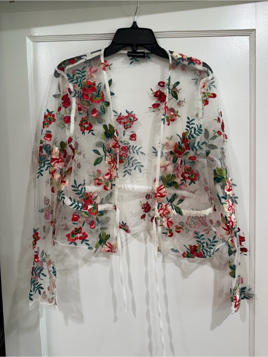PrettyLittleThing Tops - PrettyLittleThing White Sheer Floral Embroidered Tie-Front Cardigan